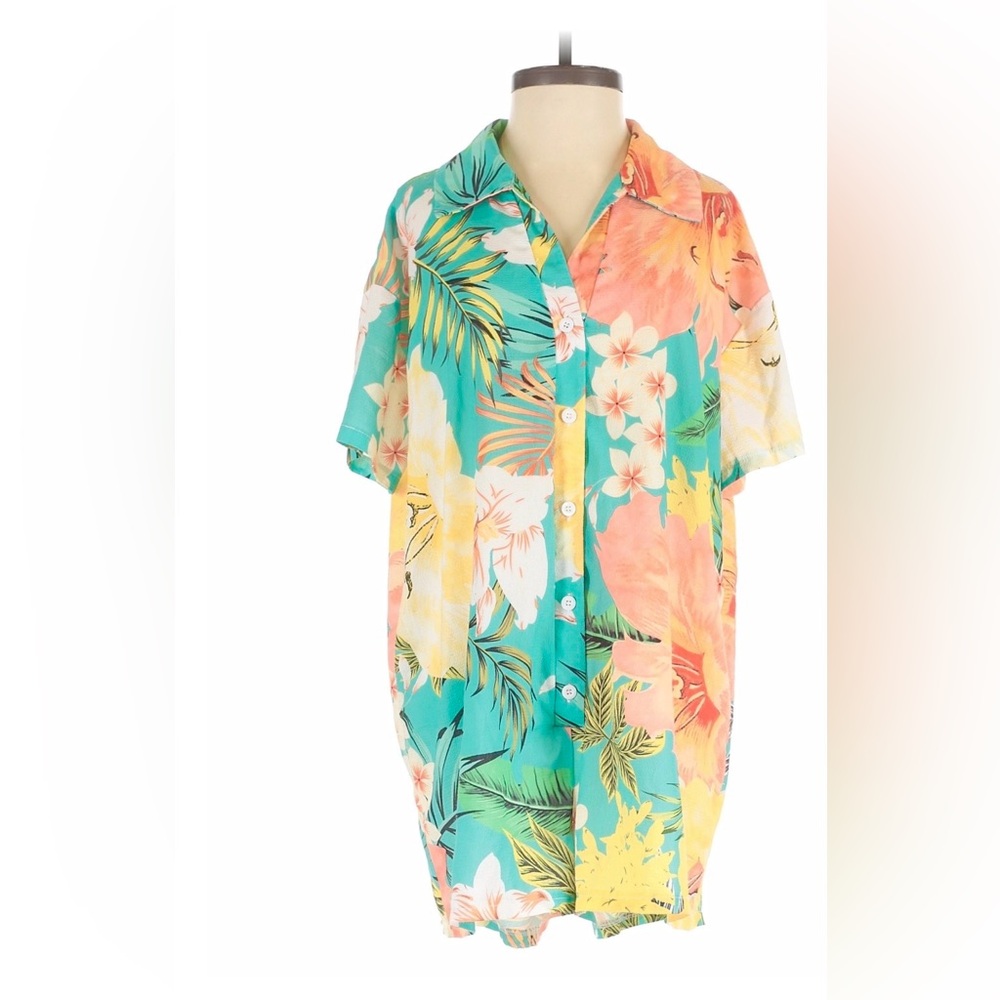 Tropical Floral Button-Up Romper in Teal & Coral